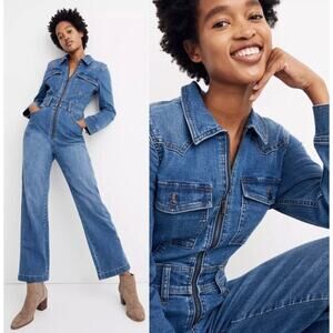Madewell Jumpsuit Womens 4 Zip Front Coverall Denim Western Utility Casual Chic